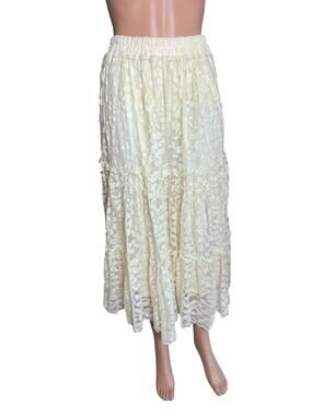 Calessa Women’s Ivory Lace Tiered Maxi Skirt Medium Floral Mesh Boho Romantic